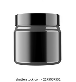 3D Illustration Of Black Clear Plastic Jar In Isolated White Background With White Label For Designer For Branding And Visual Mockup