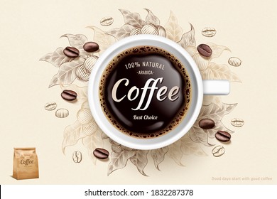 3d Illustration Black Coffee Cup In Top View Angle, Engraving Ingredients Background, Beverage Ads