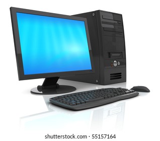 3d Illustration Of Black Desktop Computer, Over White Background