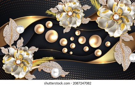 3d illustration, black and golden beautiful roses and jewelry papers, grey and gold background.