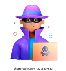 3D Illustration Black Hat, Person, Man In Disguise, Laptop With Skull Sticker, Hacker