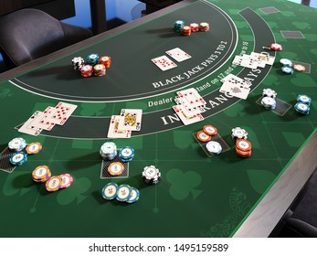 3d Illustration Of A Black Jack Table With Poker Chips And Poker Cards