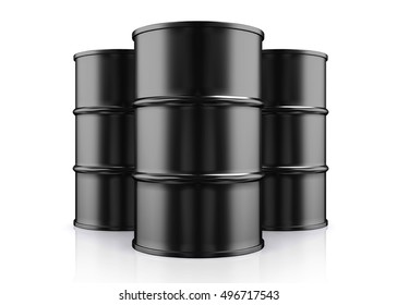 3D illustration of Black Metal Oil Barrels, Industrial Concept.