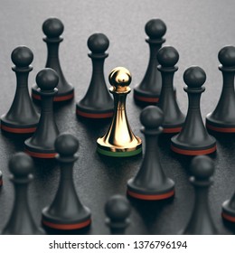 3D illustration of black pawns and focus on a golden one. Concept of uniqueness and talent. - Powered by Shutterstock