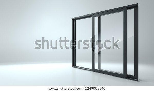 3d illustration. Black sliding door in the\
shop or windows. Background for banner. Advertising. Modern\
construction\
technologies