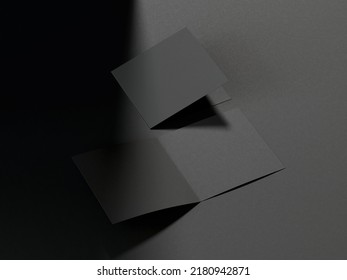 3D Illustration. Black Square Bifold Flyer Isolated On Black Background.
