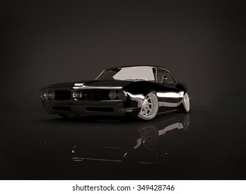 3d Illustration Of Black Tuned Muscle Car On Black Background
