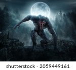 3d illustration of black werewolf with moon and forest