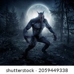 3d illustration of black werewolf with moon and forest