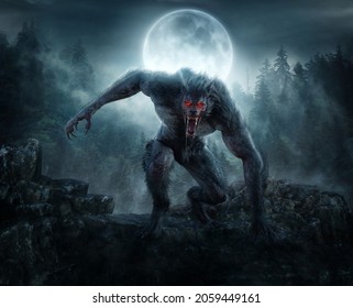 3.ª ilustración de hombre lobo negro con luna y bosque