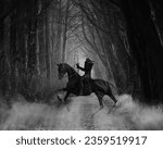 3d illustration in black and white of a Headless Figure on a zombie horse standing on the path in a forest pointing at the viewer with fog rising around it