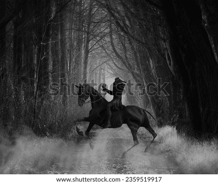 3d illustration in black and white of a Headless Figure on a zombie horse standing on the path in a forest pointing at the viewer with fog rising around it Imagine de stoc © 