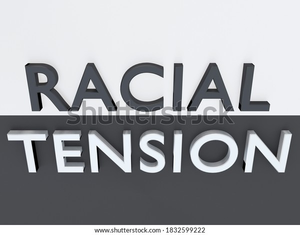 3D illustration of black and white letters\
forming the words RACIAL TENSION above a plate, split into two\
parts with the oposit\
colors.