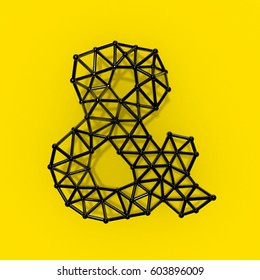 3D illustration black Wire Structure Alphabet on yellow background, letter &