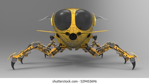 3D Illustration Of A Black And Yellow Mechanical Robot Bee On A Light Masked Transparent Background
