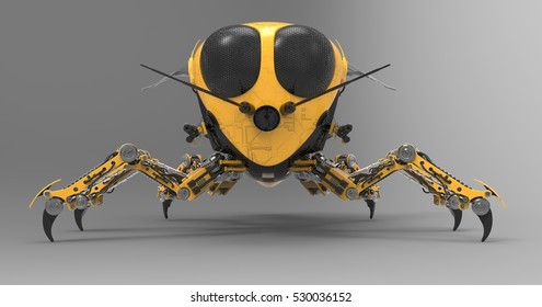 3D Illustration Of A Black And Yellow Mechanical Robot Bee On A Light Masked Transparent Background