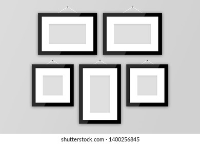 3D Illustration, Blank Modern Photo Black Frame On Gray Wall With Copy Space.