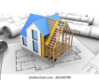 3d Illustration Of Blank Over House Plan Background With House Construction