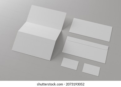 3d Illustration. Blank Paper, Business Cards And Envelope. Mockup Template For Branding Design. Business Concept.