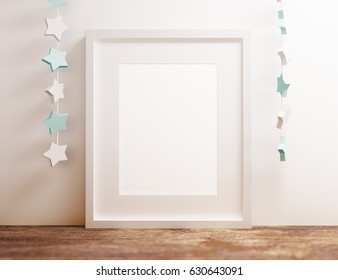 3d Illustration. Blank Poster Frame Mockup Hang On Minimalist De