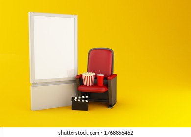 3d illustration. Blank signboard, Cinema clapper board, popcorn and drink on yellow background. Cinema concept. - Powered by Shutterstock