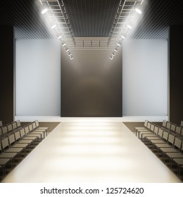 A 3D illustration blank template layout of fashion empty white catwalk runway.
