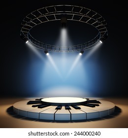 A 3d Illustration Of Blank Template Layout Of Jazz Music Stage Illuminated By Spotlights At Blue Background. Scene Empty To Place Your Text, Logo Or Object.