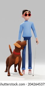 3d Illustration of blind smiling male character with red sun glasses walking with his guide dog holding a stick for blind
