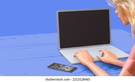 3D Illustration Of A Blonde Woman Working On A Computer With A Blank Screen Visible On A Light Blue Background.