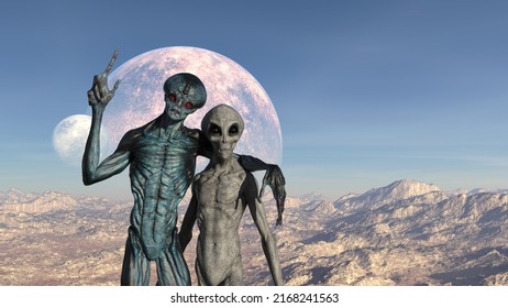 3d Illustration Of A Blue Alien With A Finger Up And Arm Around The Shoulders Of A Gray Alien On A Barren Planet With A Moon Rising.