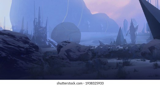 3D illustration. Blue alien planet. Abandoned construction site in deep forest. Fictional abstract realm. 