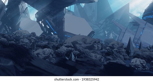 3D illustration. Blue alien planet. Abandoned construction site in deep forest. Fictional abstract realm. 