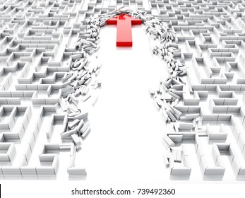 3d Illustration. Blue Arrow Breaking Down The Walls In The Maze. Unexpected Solutions Concept. Isolated White Background