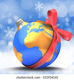 3d illustration of blue Christmas ball over winter background with earth map and red bow