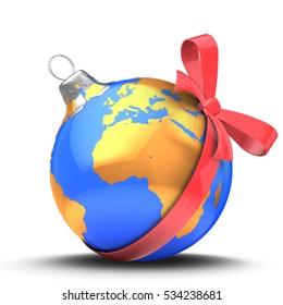 3d illustration of blue Christmas ball over white background with earth map and red bow