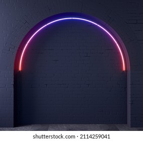 3d illustration. Blue denim old brick arch loft with neon. Background wall banner or meme