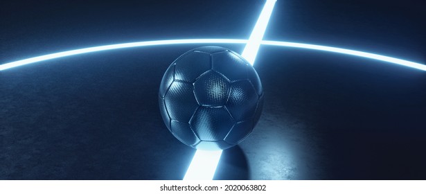 3D Illustration. Blue futsal ball on futuristic glowing light beam in a dark black indoor soccer field background - Powered by Shutterstock