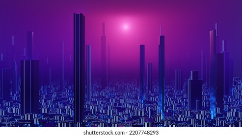 3D Illustration: Blue Future City Night Skyline With Dark Red Dwarf Star Sky