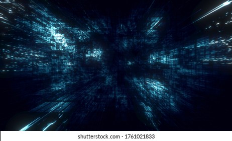 3D Illustration Of Blue Futuristic Abstract Digital Virtual Reality Matrix Particles Grid Cyber Space Sci-fi And Fantasy Symmetry Environment Technology Flyer Background 