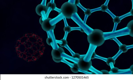 3D illustration of a blue globe, the molecules of the graphene crystal lattice. The idea of nanotechnology, biological weapons, virus, energy. 3D rendering on a dark background.