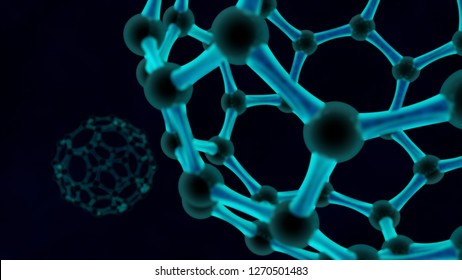 3D illustration of a blue globe, the molecules of the graphene crystal lattice. The idea of nanotechnology, biological weapons, virus, energy. 3D rendering on a dark background.