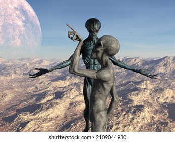 3d Illustration Of A Blue And Grey Alien With One Pointing At The Sky And The Other With Arms Out Not Understanding On A Barren Planet.