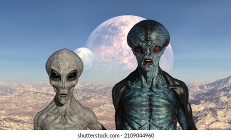 3d Illustration Of A Blue And Grey Alien Standing Close To Each Looking Forward With Mouths Slightly Open In A Scowl On A Barren Planet.