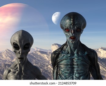 3d Illustration Of A Blue And Grey Alien Standing Close To Each Looking Forward With Mouths Slightly Open In A Smile On A Barren Planet.