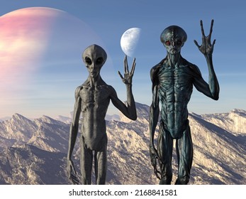 3d Illustration Of A Blue And Grey Alien Standing Next To Each Other With Hands Up Waving On A Barren Planet.