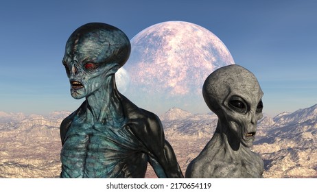 3d Illustration Of A Blue And Grey Alien Turned Away From Each Other Looking Into The Distance On A Barren Planet With A Moon Rising.