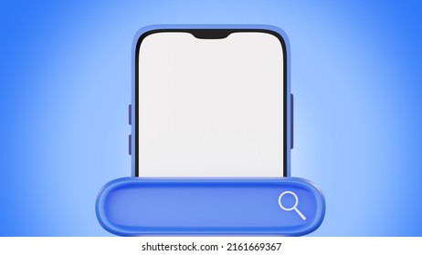 3d Illustration Of Blue Mobile Phone With Browser Search Button Against Abstract Gradient Blue Background.  3d Illustration Highly Usable. Mobile Mock Up. White Screen.