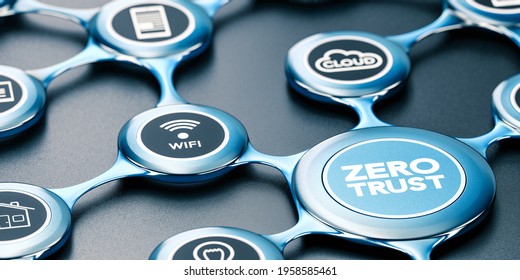 3D illustration of a blue network with icons and the text zero trust written on the front. Black background. Concept of secured network.