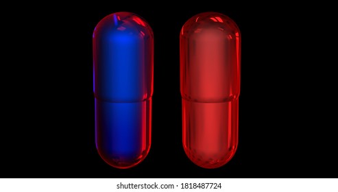3D Illustration Of Blue Pill On The Left And Red Pill On The Right In Front Of Black Background