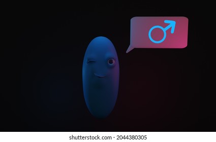 3D illustration of blue pill (viagra) cartoon character winking with bubble speech and male symbol in it. Concept of treatment of erectile dysfunction and pill for man's sexual health.